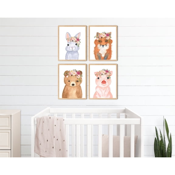 UNFFRAMED Floral Baby Animal Prints, Nursery Art, Set 4 Prints 16x24