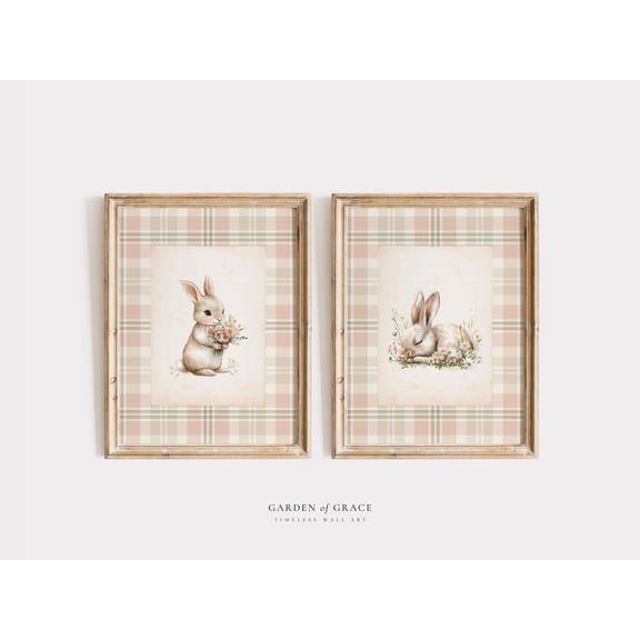 UNFFRAMED Floral Bunnies Nursery Wall Art, Bunny Girl Room Decor, Woodland Animal Print, Peachy Pink Green, Vintage Rabbit Illustration Set 2 Prints 8x12