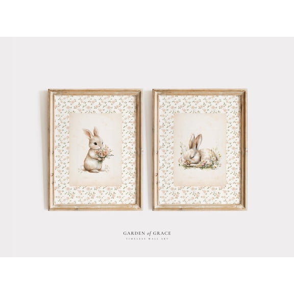 UNFFRAMED Floral Bunny Nursery Wall Art, Bunnies Girl Room Prints, Woodland Garden Decor, Peachy Pink Green, Vintage Rabbit Illustration Set 2 Prints 8x12