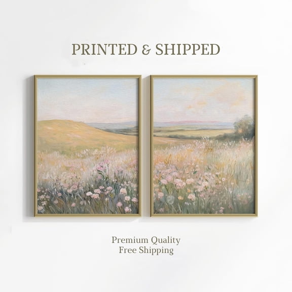 UNFFRAMED Floral Landscape Set Split Poster, Mailed French Country Wall Art, Wildflower, Neutral Farmhouse Decor, Mailed Fine Art Posters Set 2 Prints 20x30