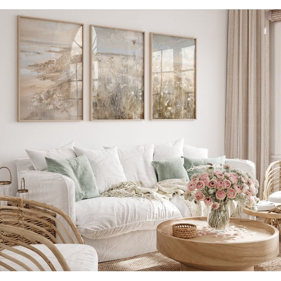 UNFFRAMED Floral Print Set Of 3, Wildflower Field Wall Art, Textured Brushstrokes Flower Artwork, Botanical, Minimalist Boho Wall Modern #281 Set 3 Prints 16x24