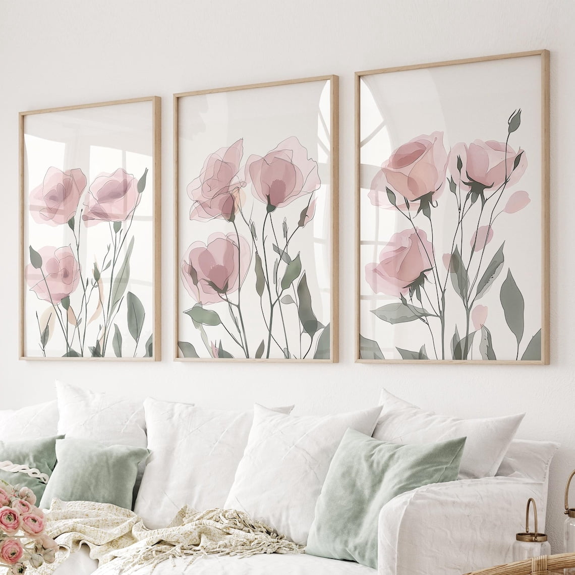 UNFFRAMED Floral Prints, Blush Pink Flower Wall Art, Set Of 3 Set 3 ...