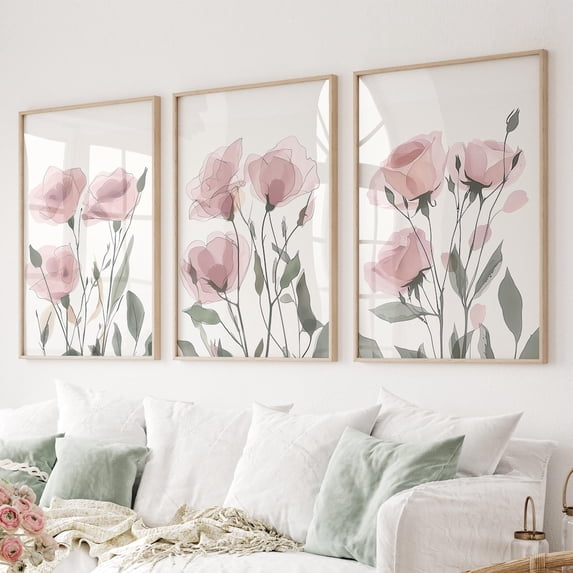 UNFFRAMED Floral Prints, Blush Pink Flower Wall Art, Set Of 3 Set 3 Prints 20x30