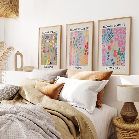 UNFFRAMED Flower Market Set Of 3 Prints, Living Room Print, Flower Market London Rome New York, Modern Home Art, Boho Flower Art 3 Piece Print Set Set 3 Prints 8x12