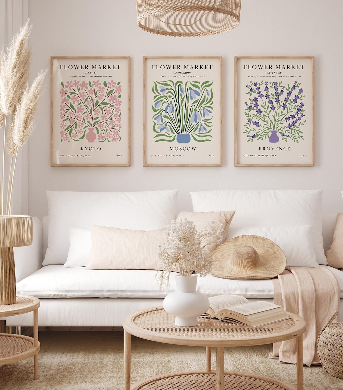 UNFFRAMED Flower Market Wall Art Set Of 3, Sakura Kyoto, Snowdrop ...