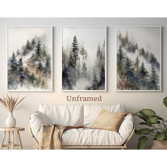 UNFFRAMED Foggy Forest Poster Set, Pine Tree Landscape Art Set 3 Prints 20x30