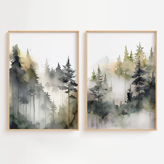 UNFFRAMED Foggy Pine Forest Set Of 2 Posters Evergreen Trees Misty Forest Landscape Set 2 Prints 16x24