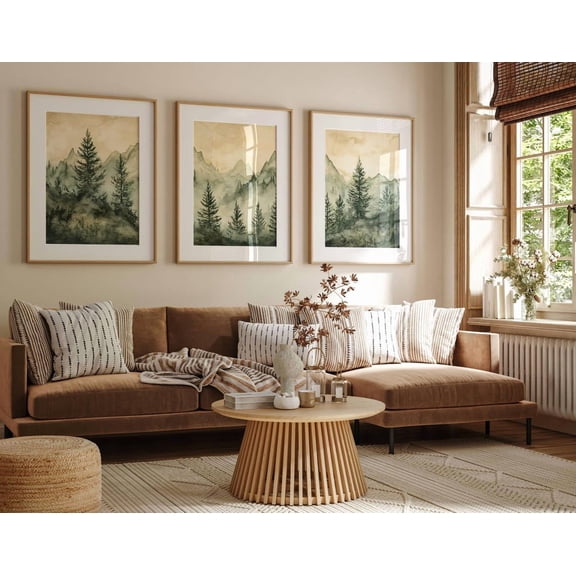 UNFFRAMED Foggy Pine Tree Forest Poster Set, Rustic Mountain Wall Art, Pine Tree, Winter Landscape Sage Green Art Set 3 Prints 12x18