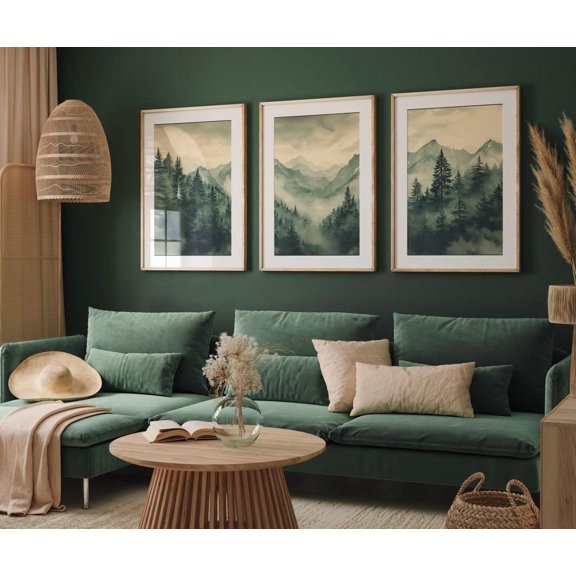UNFFRAMED Foggy Pine Tree Forest Poster Set, Rustic Mountain Wall Art, Pine Tree, Winter Landscape Sage Green Art Set 3 Prints 12x18