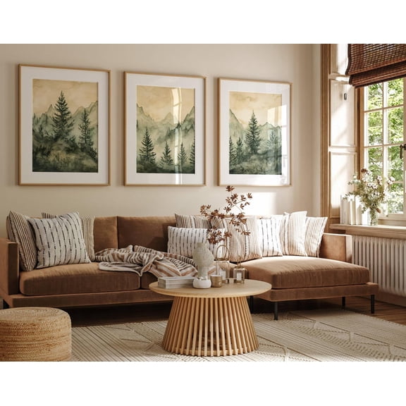 UNFFRAMED Foggy Pine Tree Forest Poster Set, Rustic Mountain Wall Art, Pine Tree, Winter Landscape Sage Green Art Set 3 Prints 16x24
