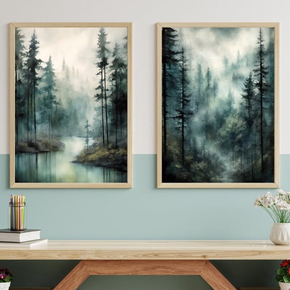 Luvia Forest Art, Landscape Poster, Set Of 2, Moody, Green Art, Modern Wall Decor Set 2 Prints 12x18 UNFRAMED