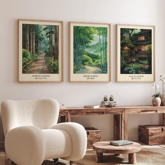 Luvia Forest Pathway Poster - Japan Scenic Art Zen Garden - Set Of 3 Japanese Countryside, Modern Wall Decor Set 3 Prints 16x24 UNFRAMED