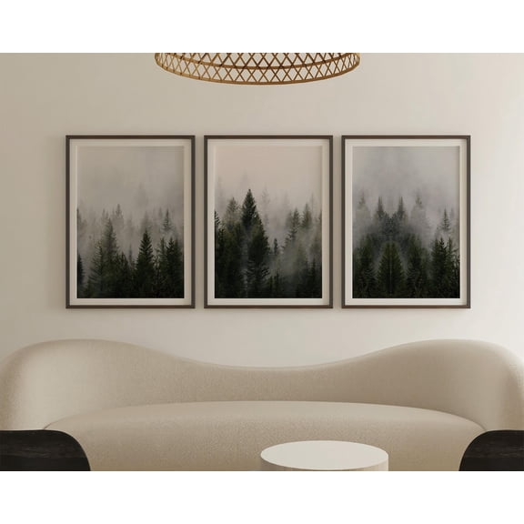 UNFFRAMED Forest Wall Art Set Of 3, Misty Pine Tree Landscape Posters, Nordic Nature Woodland Posters, Modern Green Botanical Home Décor Set 3 Prints 8x12