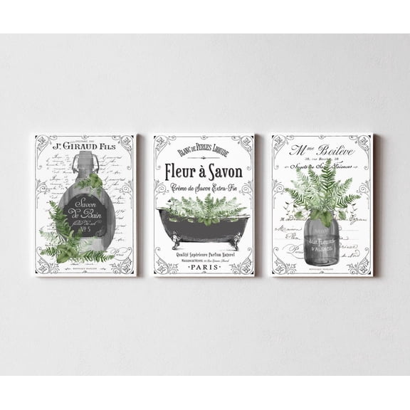 UNFFRAMED French Bathroom Art, Black Greenery French Bathroom Wall Art Set, Parisian Bathroom Wall Decor, Set 3 Prints 8x12
