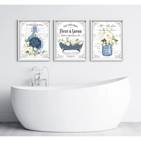 UNFFRAMED French Bathroom Art, Navy Blue Floral French Bathroom Wall Art Set, Parisian Bathroom Wall Decor Set 3 Prints 20x30