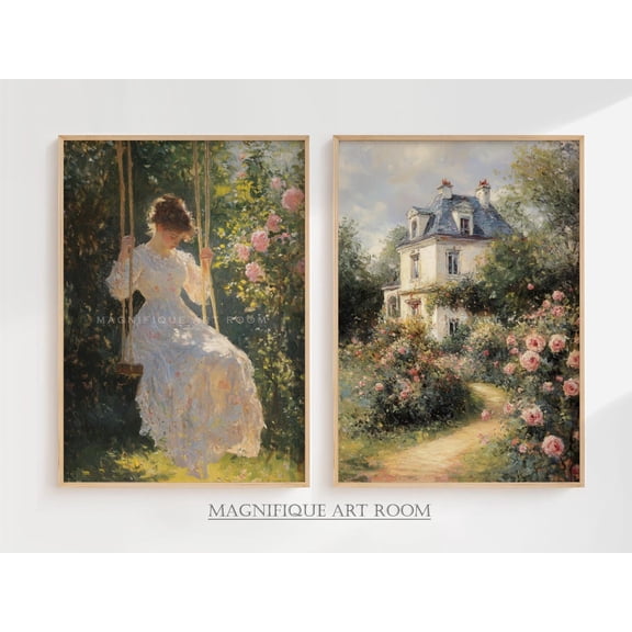 UNFFRAMED French Country Rose Garden Print, Victorian Swing Girl Art Print, Cottagecore Decor Wall Art, Printable Rose Garden Print SS15| Set 2 Prints 20x30