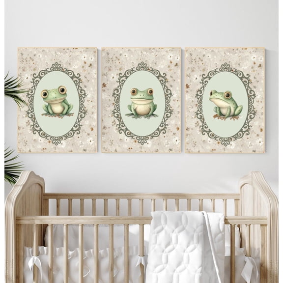 UNFFRAMED Frog Wall Art Print Set, Vintage Botanical Nursery Decor, Cute Green Frogs With Floral Frame, Sage Cottagecore Baby Room Posters #133 Set 3 Prints 20x30