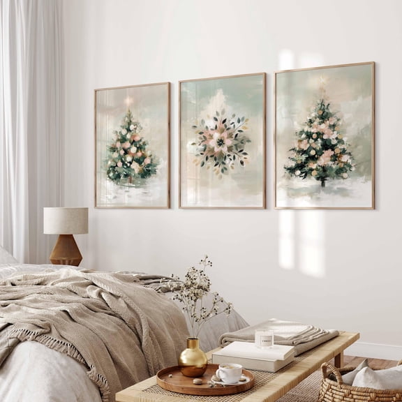 UNFFRAMED Gallery Art Set Of 3 Posters Neutral Tree Wall Art Cozy Snowfall Winter Pine Tree Poster Scandinavian Snowflakes Art Set 3 Prints 8x12
