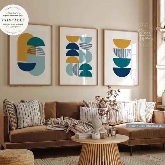 UNFFRAMED Geometric Shapes S Set Of 3, Teal Green Mustard Yellow Navy Blue Jewel Colors Art Decor, Print Jpgs Set 3 Prints 12x18