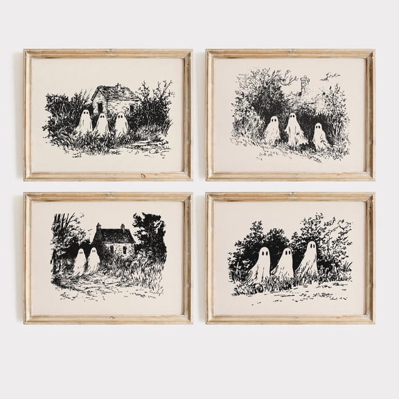 UNFFRAMED Ghost Sketch Art Prints Bundle, Set Of 4, Vintage Wall Art, Gallery Wall Art Set, Cottagecore Decor Set 4 Prints 12x18