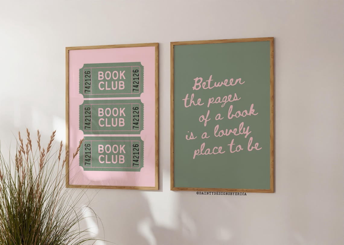 UNFFRAMED Girly Book Lover Wall Art Set, Pink Green Book Club Poster ...