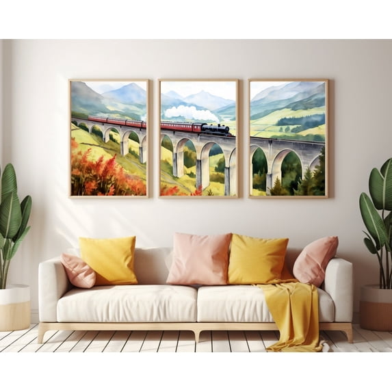 UNFFRAMED Glenfinnan Viaduct Scotland Poster Set Of 3, Steam Train Wall Art, Railway Landscape Poster, Scottish Highlands Travel Decor Set 3 Prints 8x12