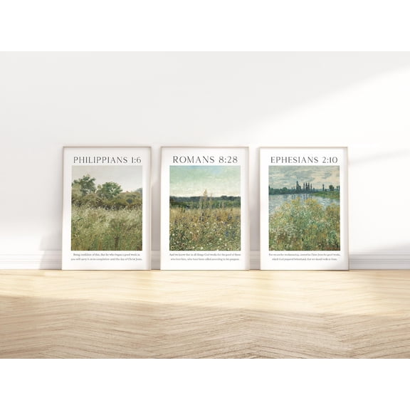 UNFFRAMED God'S Work And His Plan Bible Verse Wall Art Gallery Set Of 3, Christian Scripture Quote Vintage Landscape Artwork Set 3 Prints 8x12