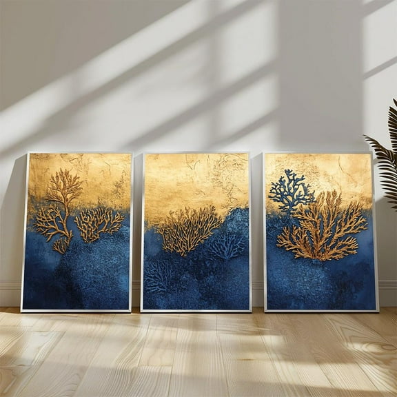 UNFFRAMED Gold and Blue Coral Reef Art Print Set, Luxury Ocean Wall Decor Set 3 Prints 16x24