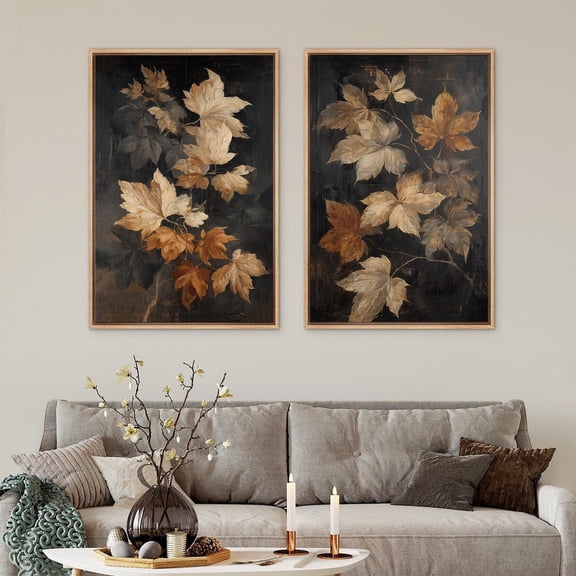 UNFFRAMED Golden Brown Leaf Wall Art Set Of 2, Modern Rustic Botanical Prints, Autumn Nature Decor For Farmhouse Living Room Or Bedroom Set 2 Prints 12x18