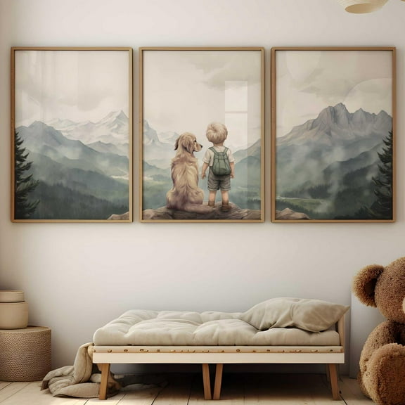 Luvia Golden Retriever Golden Retriever Nursery Art, Set Of 3, Boy & Dog Print, Mountain Nursery, Dog Poster, Dog Art For Boy, Modern Wall Decor Set 3 Prints 8x12 UNFRAMED