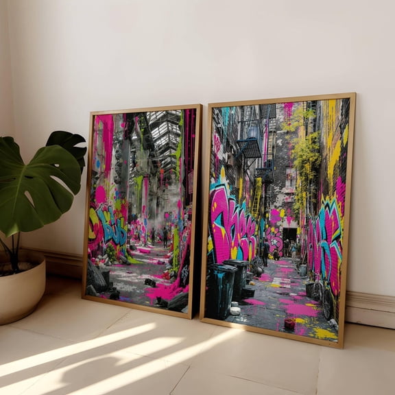 UNFFRAMED Graffiti Street Art Wall Decor Set, Colorful Urban Posters For Modern Home & Loft Style Set 2 Prints 8x12