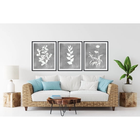 UNFFRAMED Gray Flower Print Set, Botanical Farmhouse Wall Art Set 3 Prints 20x30
