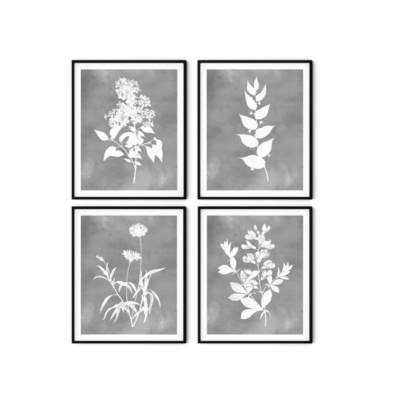 UNFFRAMED Gray Flower Print Set, Botanical Farmhouse Wall Art Set 4 Prints 16x24