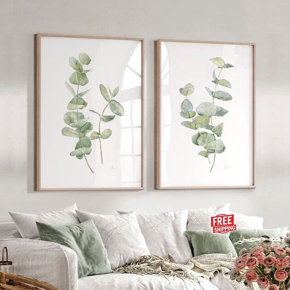 UNFFRAMED Green Eucalyptus Wall Art Set Of 2 Posters, Botanical Wall Decor Master Guest Bedroom Minimalist Leaf Plant Branch Set 2 Prints 8x12