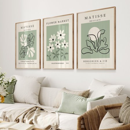 UNFFRAMED Green Gallery Wall Art, Prints Set, Daisy Wall Decor, Abstract Flowers Poster, Neutral Prints Set Of 3, Sage Green Aesthetic Poster Set 3 Prints 12x18