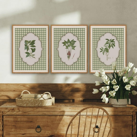 UNFFRAMED Green Gingham Botanical Leaves Posters Set, Vintage Botanical Cottagecore Poster, Green Wall Decor, Grandmillennial Art Poster Set 3 Prints 8x12