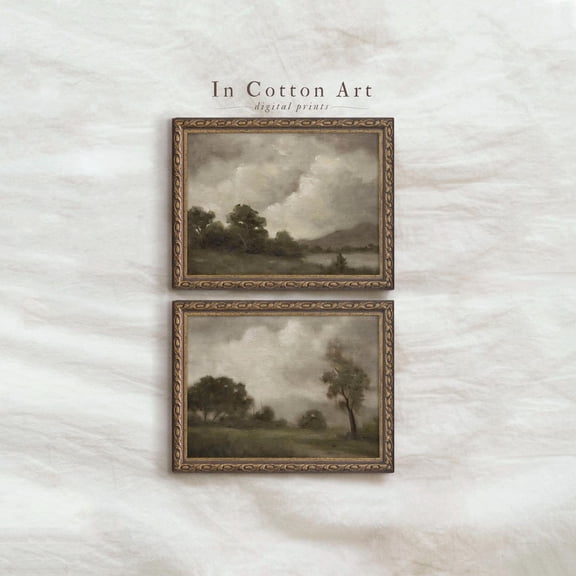 UNFFRAMED Green Landscape Wall Art Set Of 2, Moody Cloudy Nature Posters, Neutral Rustic Countryside Decor, Art Bundle,P300 Set 2 Prints 20x30