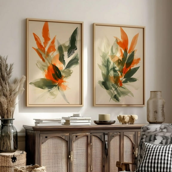UNFFRAMED Green, Orange And Sage Wall Art Abstract Minimalist Botanical Ing/ House, Living Room Decor, Decor /2 Set Of Pictures Set 2 Prints 12x18