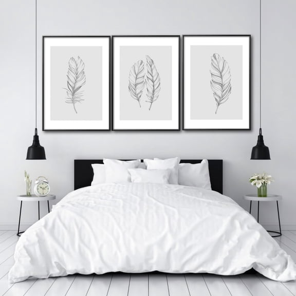 UNFFRAMED Grey Feather Posterset Bedroom Wall Art Set 3 Prints 20x30