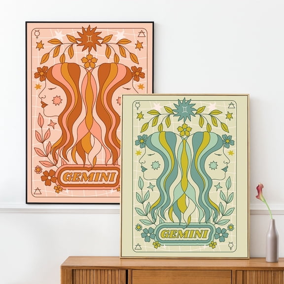 UNFFRAMED Groovy Gemini Zodiac Poster Set, Retro Sun Sign Wall Art Set 2 Prints 8x12