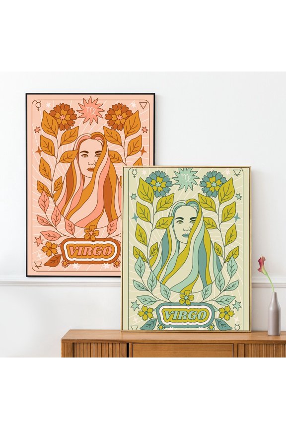 UNFFRAMED Groovy Virgo Zodiac Art Poster Set, 70S Retro Poster Set 2 Prints 8x12