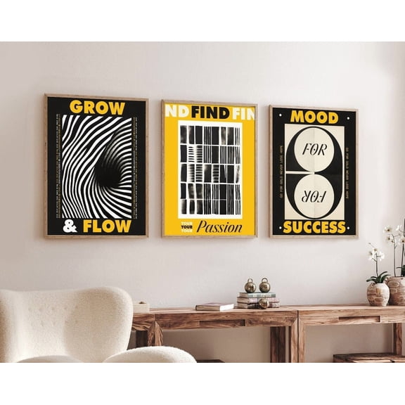 UNFFRAMED Growth Mindset Set Of 3 Posters - Positivity Art Illustation Prints - Black And Yellow Themed Room Decor, Modern Wall Decor Set 3 Prints 8x12