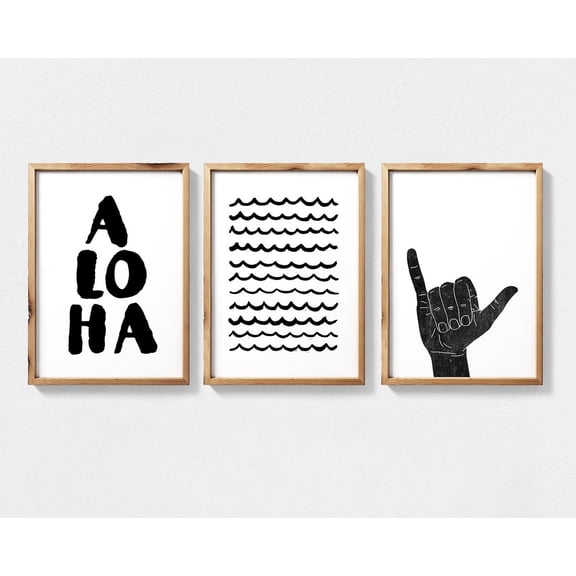 UNFFRAMED Hawaii Art Featuring Aloha Quote, Waves And Shaka Hand Set Of 3 Wall Art, Surfer Wall Art, Hawaiian Wall Art Set 3 Prints 16x24