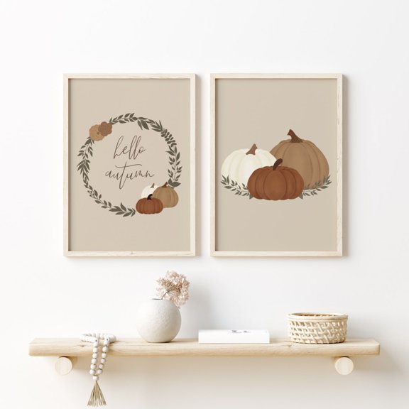 UNFFRAMED Hello Autumn Fall Prints, Fall Printable Wall Art, Trendy Fall Wall art, Autumn Print, Fall sayings, Beige. Set 2 Prints 8x12