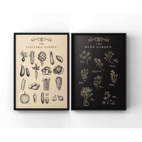 UNFFRAMED Herb & Vegetable Garden Poster Set, Botanical Kitchen Art Set 2 Prints 12x18