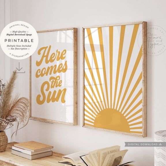 UNFFRAMED Here The Sun, S Set Of 2, Sunrise Wall Art, Mustard Yellow 70'S Retro Decor, Print Jpg Set 2 Prints 16x24