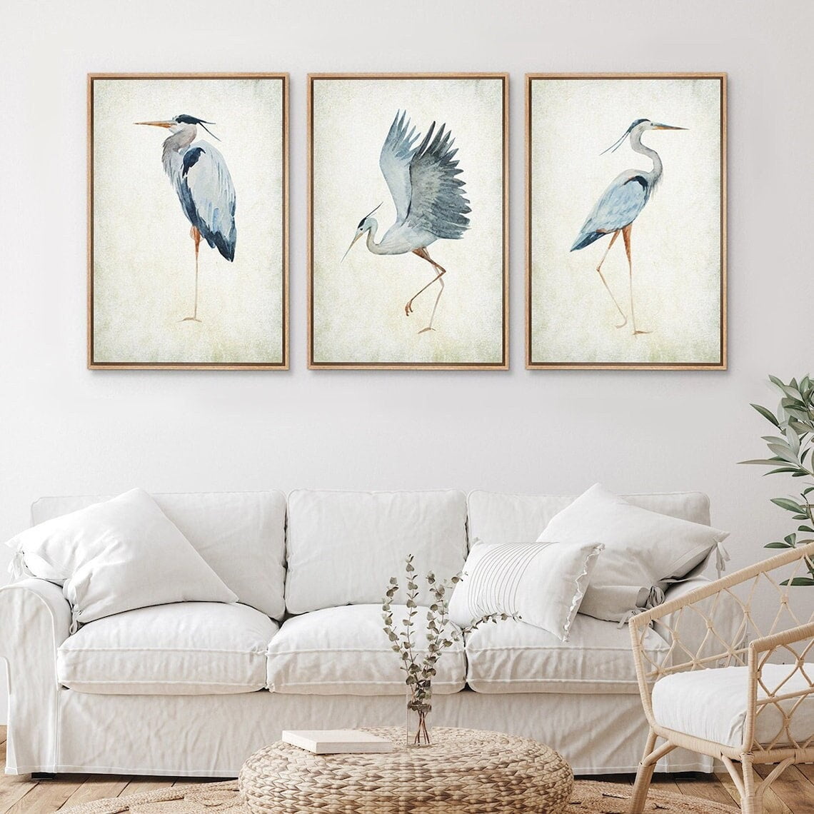 UNFFRAMED Heron Bird Wall Art Set Of 3 Minimalist Blue Crane Animal Prints Asia Artwork Coastal Nature Decor For Bathroom Set 3 Prints 16x24