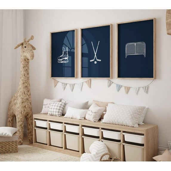 UNFFRAMED Hockey Nursery Art, Navy Blue Minimalist Posters Set of 3 Set 3 Prints 16x24