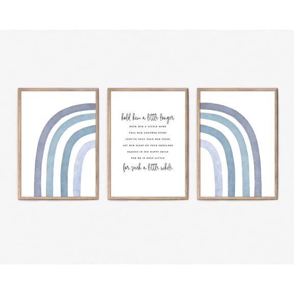 UNFFRAMED Hold Him A Little Longer Art Blue Nursery Decor Wall Art Rainbow Baby Shower Baby Boy Decor Set 3 Prints 8x12