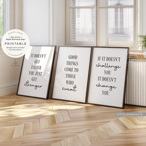 UNFFRAMED Home Gym Wall Art, S Set Of 3, Fitness Quotes, Good Things Come To Those Who Sweat, Print Jpegs Set 3 Prints 16x24